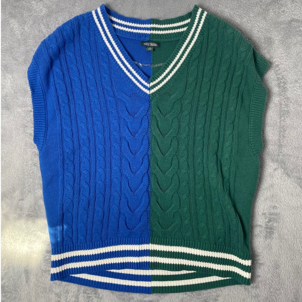 Colorblock‎ Sweater Vest Womens XS Green Blue Cable Knit Retro Preppy Old Money